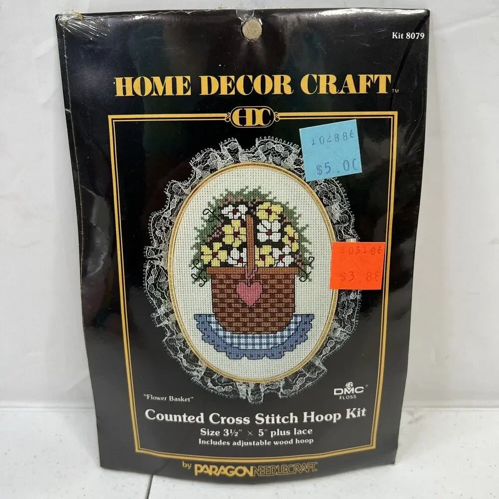 Vtg Paragon Needlecraft Kit Hoop Cross Stitch Kit Flower Basket Home Decor 3.5 5